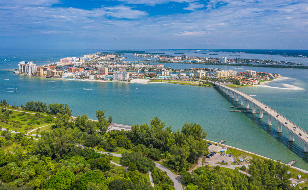 Drone angle view of Clearwater Beach and Bridge.