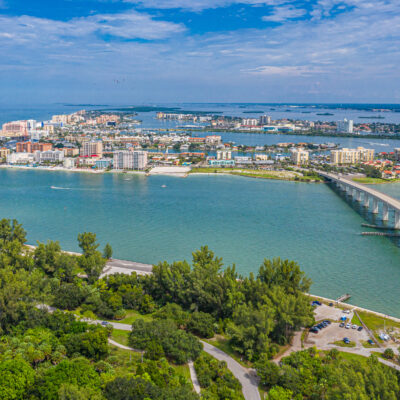 Drone angle view of Clearwater Beach and Bridge.