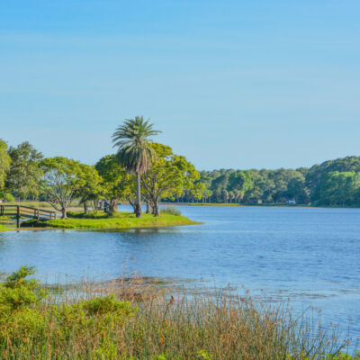 view of the wood bridge to the island at John S. Taylor Park in Largo, Florida.